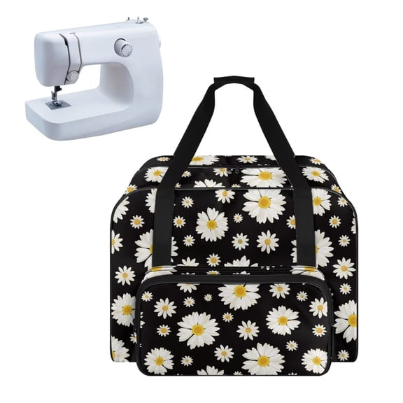 ZIATUBLES Sewing Machine Dust Bag Universal Sewing Storage Bag Versatile Tote Bag Portable Sewing Machine Carrying Bag with Roomy Pockets and Soft Handle, Daisy Black