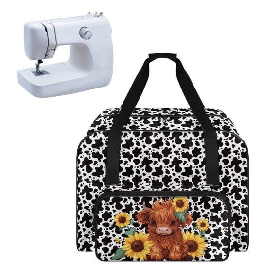 ZIATUBLES Sewing Machine Dust Case Versatile Tote Bag Large Capacity Sewing Machine Storage Bag Portable Organizer Case with Handle and Soft Cushion, Highland Cattle Sunflower Cow Print