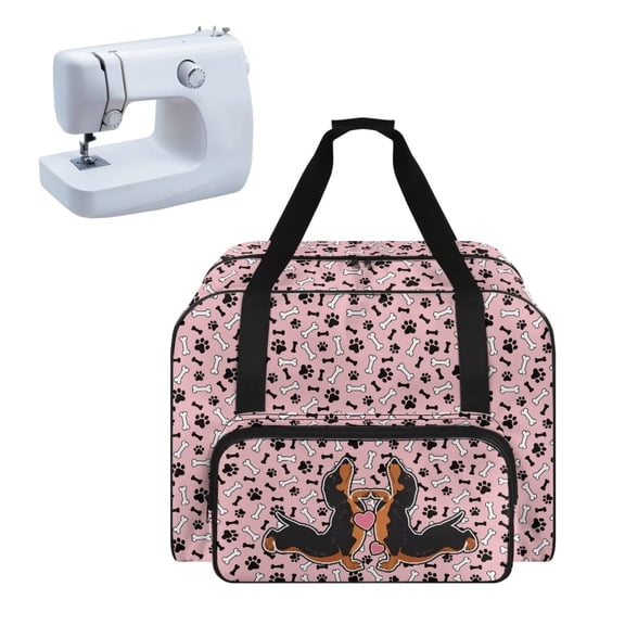ZIATUBLES Sewing Machine Storage Bag Versatile Sewing Machine Dust Case Large Capacity Tote Bag Portable Organizer Case with Handle and Soft Cushion, Dachshund Dog Bone Paw Heart Pink