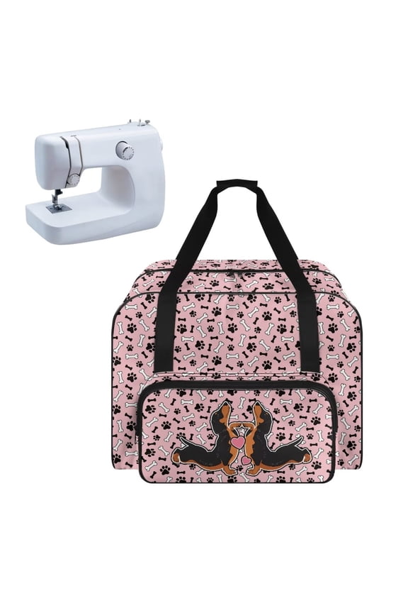 Sewing Machine Storage Bag Versatile Sewing Machine Dust Case Large Capacity Tote Bag Portable Organizer Case with Handle and Soft Cushion, Dachshund Dog Bone Paw Heart Pink
