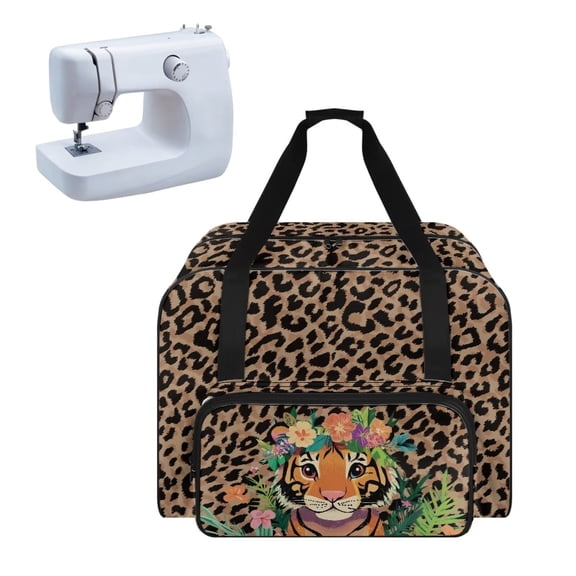 ZIATUBLES Sewing Machine Storage Tote Bag Spacious Tote Bag Universal Sewing Storage Case Portable Sewing Machine Organizer Bag with Roomy Pockets and Soft Handle, Tiger Wreath Leopard Print