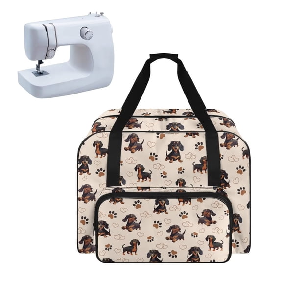 ZIATUBLES Sewing Machine Tote Bag Portable Sewing Accessories Dust Bag with Hook and Loop Handle Roomy Storage Pocket Universal Sewing Machine Case, Dachshund Dog Paw Heart Beige