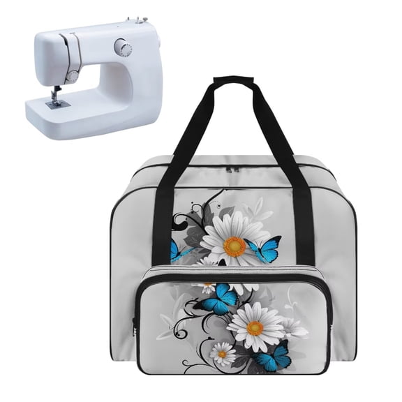 ZIATUBLES Sewing Machine Tote Bag Roomy Sewing Tote Bag with Front Storage Pocket Universal Sewing Machine Dust Bag Portable Sewing Accessories Carrying Case, Daisy Butterfly Gray