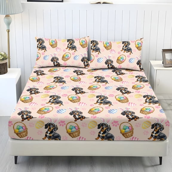 ZIATUBLES Sheet Set King Size, 3-Piece Bed Sheets, 1 Fitted Sheet and 2 Pillowcases, Lightweight Soft Easy Care Bedding Set with Elasticized 9.8" Pocket (Beige Dachshund Easter Egg)
