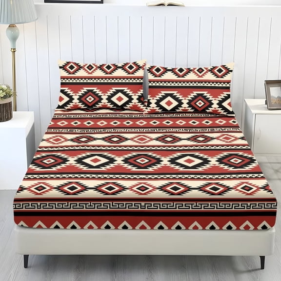 ZIATUBLES Sheet Set Queen Size, 3-Piece Bed Sheets, 1 Fitted Sheet and 2 Pillowcases, Lightweight Soft Easy Care Bedding Set with Elasticized 9.8" Pocket (Red Black Tribal Aztec Pattern)