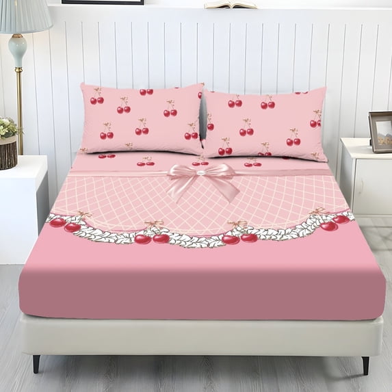 ZIATUBLES Sheet Set Queen Size, 3-Piece Bed Sheets, 1 Fitted Sheet and 2 Pillowcases, Lightweight Soft Valentine's Day Bedding Set with Elasticized 9.8" Pocket (Pink Cherry Bow Lace)
