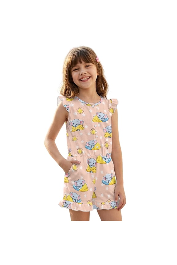 Sleepy Elephant Print Girls Summer Short Jumpsuits Flutter Sleeves One-Piece Romper Soft Comfort Kids Casual Playsuit with Pockets for 9-10 Y