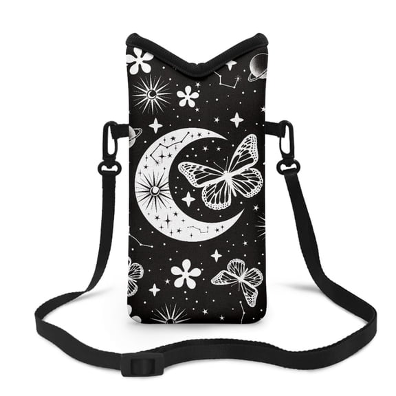 ZIATUBLES Small Crossbody Bag For Women Men Cell Phone Purse Protective Phone Bag with Hook and Loop Fastene Soft Shock Absorbing Pouch Case, 4 X 8 Inch, Moon Star Butterfly Black