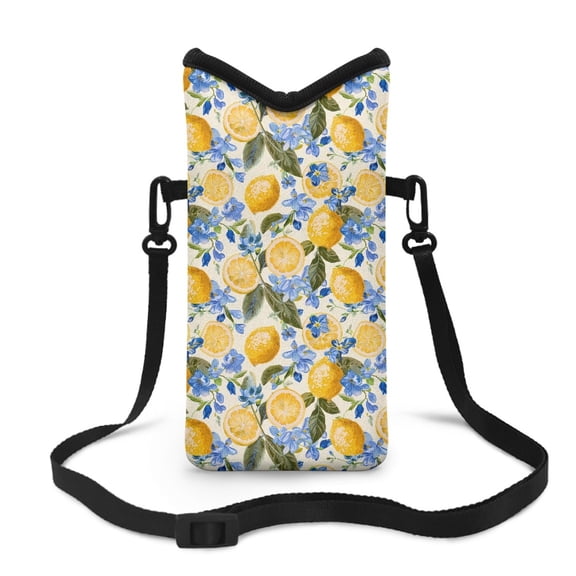 ZIATUBLES Small Crossbody Cellphone Bag Portable Neoprene Phone Pouch Stylish Sleeve Case with Adjustable Strap Phone Bag Hook and Loop Fastener, 4 X 8 Inch, Lemon Blue Flower