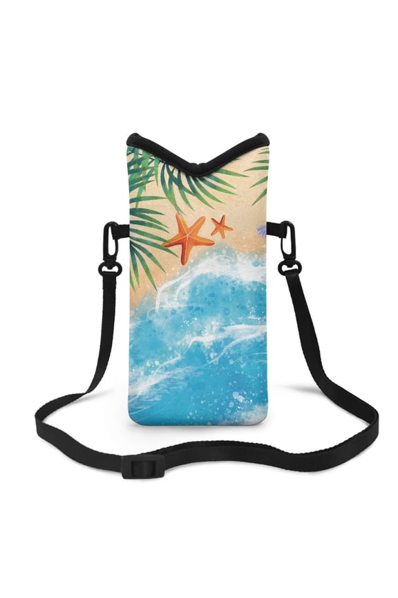 Small Crossbody Phone Bag Portable Neoprene Cellphone Sleeve Pouch Shockproof Phone Purse with Hook Loop Fastener, 4 X 8 Inch, Beach Starfish Palm Leaf