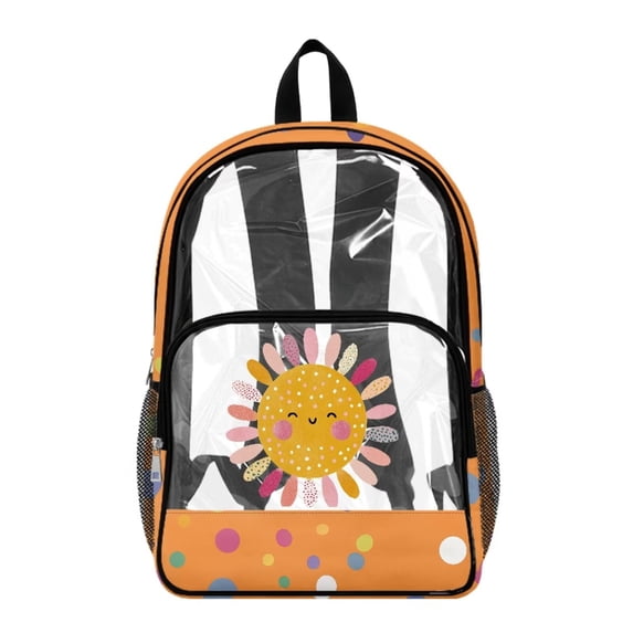 ZIATUBLES Smiling Sun Print Clear Backpack Heavy Duty, Fabric & PVC Transparent Backpack with Front Pockets & Side Mesh, See Through Bookbag for School College Security