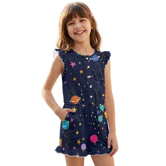 ZIATUBLES Space Planets Star Print Girls Summer Casual Playsuit Flutter Sleeves Short Jumpsuit Button Round Neck Kids Romper Elastic Waist Relaxed Fit Comfort Outfit with Pockets for 5-6 Y