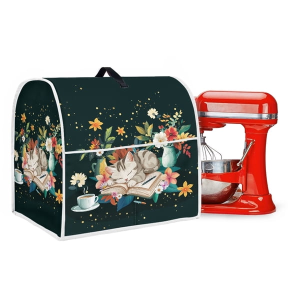 ZIATUBLES Stand Mixer Dust Cover Comfort Polyester Kitchen Appliance Decor Cover Compatible with 4.5-5 Quart Washable Home Accessories with Front Pockets, Cat Book Coffee Flower