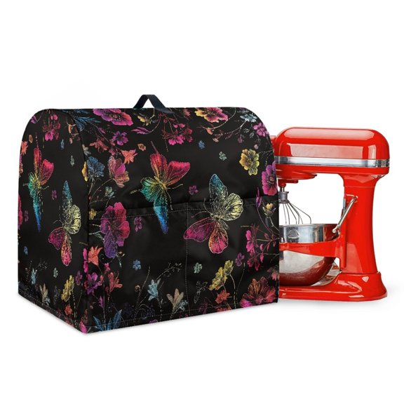 ZIATUBLES Stand Mixer Dust Cover Washable Kitchen Mixer Cover with Front Pockets and Top Handle Reusable Multi-Functional Kitchen Mixer Accessories for 4.5-5 Quart Stand Mixer, Butterfly Floral Black
