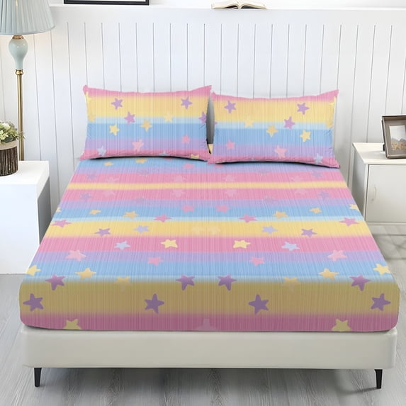 ZIATUBLES Star Stripes 3 PCS Twin XL Size Sheets Set, 1 Fitted Sheet with 2 Pillowcases, 9.8" Standard Pocket Chic Bed Sheets Set, Soft Cozy Bedding Bedroom Decor