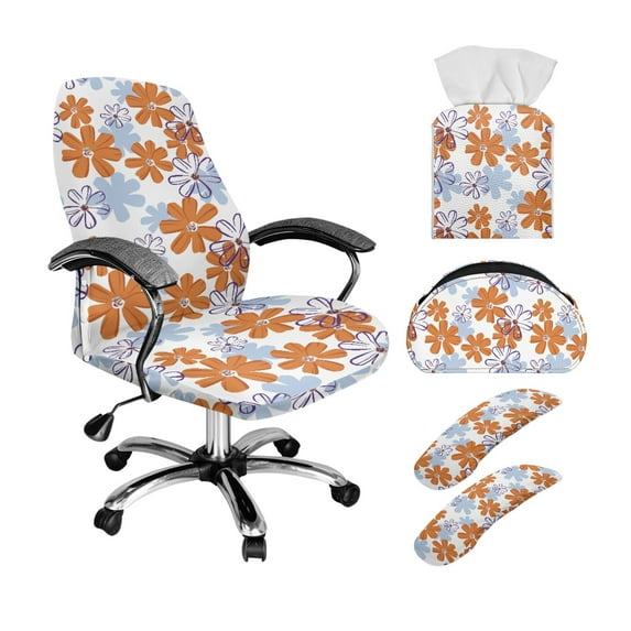 ZIATUBLES Stretch Computer High Back Chair Protectors with Armrest Covers, Remote Control Holder and Tissue Box Cover Office Decor Set of 5 for Home Living Room, Daisy Print, L