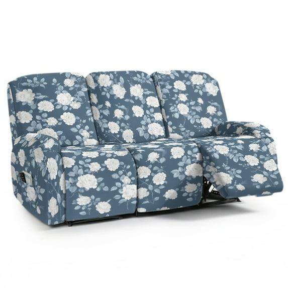 ZIATUBLES Stretch Recliner Sofa Covers White Rose Vintage Blue Printed Couch Slipcover 8 PCS 3 Seater Recliner Chair Covers Soft Fitted Furniture Protector with Storage Pocket for Living Room