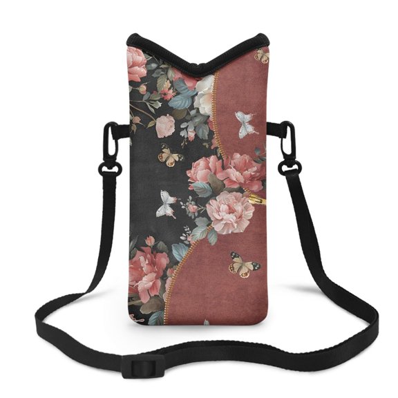 ZIATUBLES Stylish Mini Mobile Case Bag Women Men Small Crossbody Phone Bag with Adjustable Carrying Strap, Hook and Loop Fastener, 4 X 8 Inch, Peony Butterfly Zipper
