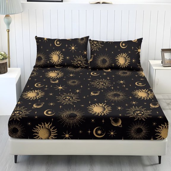 ZIATUBLES Sun Moon Star Print Bed Sheet Set, Easy Care Cooling Bedding with Elasticized 9.8" Pocket, 3-Piece Sheet and Pillowcase Set for King Size Bed, Cozy Chic Bedroom Decor