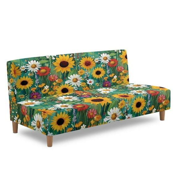 ZIATUBLES Sunflower Daisy Dustproof Futon Slipcovers Stretch Armless Sofa Cover, Machine Washable Polyester Spandex Furniture Protector with Elastic Bottom, Foldable Soft Cover