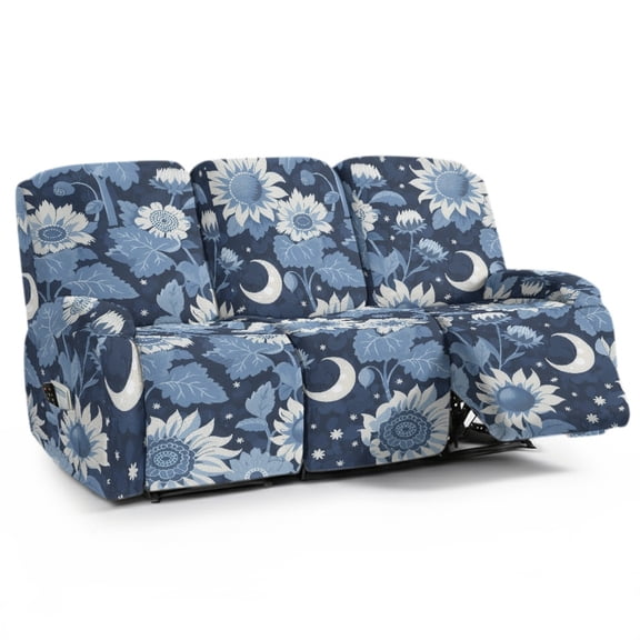 ZIATUBLES Sunflower Moon Printed Recliner Cover for 3-Seater Reclining Sofa, Stretch Recliner Couch Covers with Storage Pockets Set of 8, Elastic Polyester Spandex Furniture Protector for Living Room