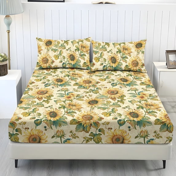 ZIATUBLES Sunflower Printed King Sheet Set, 3 Piece Standard Pocket Bedding with Soft Stretch Fabric, Soft Comfortable and Easy Fit Includes 1 Fitted Sheet & 2 Pillowcases