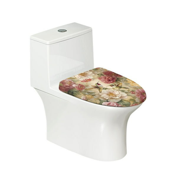 ZIATUBLES Toilet Bowl Lid Cove Washable Stretch Fabric with Elastic Edges Toilet Seat Lid Cover Fits Round Oval Elongated Lids for Bathroom Decor Accessories, Hummingbird Peony Flower