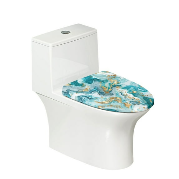 ZIATUBLES Toilet Seat Lid Cover Breathable Stretch Fabric Toilet Lid Cover Washable Soft Bathroom Decor Fits Most Size Toilet Lids for Home Accessories, Aqua Golden Marble