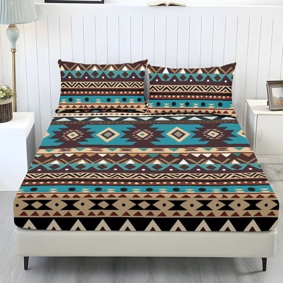 ZIATUBLES Tribal Aztec Geometric Stripe Printed King Sheet Set, 3 Piece Soft Bed Sheets with 9.8 Inches Standard Pocket Fitted Sheet and 2 Pillowcases, Pinted Bedroom Decor Easy to Care