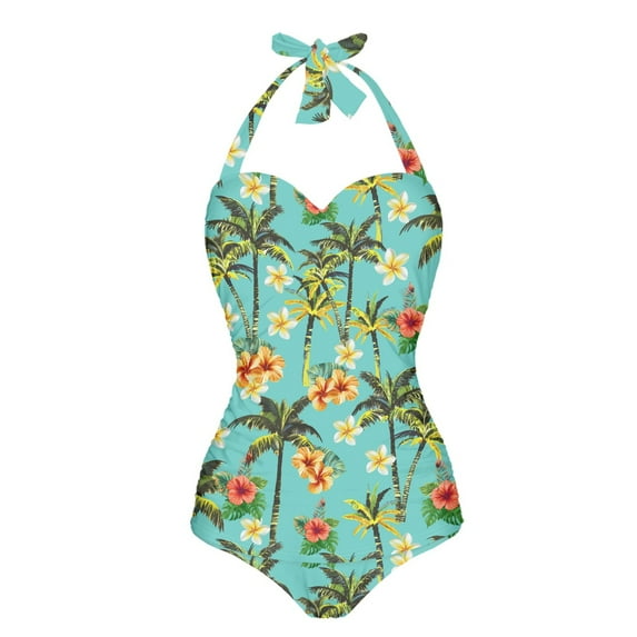 FKELYI Tropical Plam Tree Frangipani Flower Print Halter Swimwear One Piece Swimsuit with Soft Pad for Women Tummy Control Bathing Suits Breathable Monokini for Lady Summer Beach, L