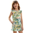 thumbnail image 1 of ZIATUBLES Tropical Toucan Floral Print Girls Summer Jumpsuit Kids Button Flutter Sleeve Short Playsuit Elastic Waist Round Neck Casual Romper Outfit Clothes with Pockets for 5-6 Y, 1 of 6