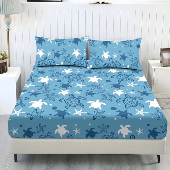ZIATUBLES Turtle Starfish Printed Sheets Set Blue 3 Pcs Queen Size, Cooling Polyester Spandex Bed Sheets Set, Wrinkle Resistant Standard Pocket 9.8 Inches