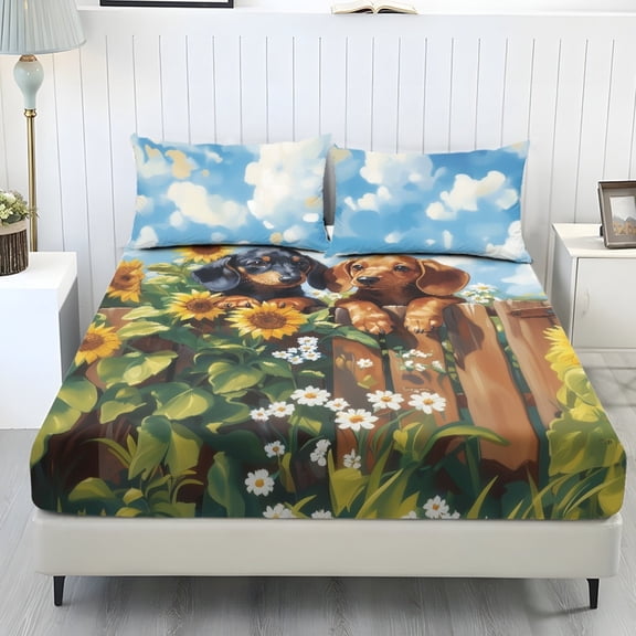 ZIATUBLES Twin Bed Sheets Set, 3-Piece Lightweight Comfy Bedding Set with Dachshund Floral Print, Soft Breathable Fitted Sheet with Elasticized 9.8" Pocket and 2 Pillowcases