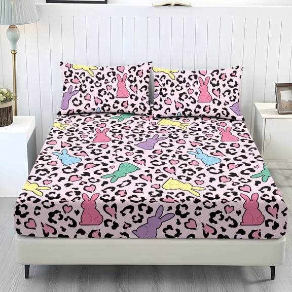 ZIATUBLES Twin Bed Sheets Set, Soft Breathable Bedding Sheet Set with 9.8" Standard Pocket Design, Comfortable and Durable for All-Season Use(3 Pieces, Easter Bunny Leopard Print)