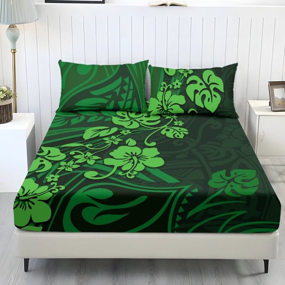 ZIATUBLES Twin Bed Sheets Set, Soft Breathable Bedding Sheet Set, Sheets Set with 9.8" Standard Pocket, Comfortable and Durable for All-Season Use(3 Pieces, Green Polynesian Tropical Floral Leaf)