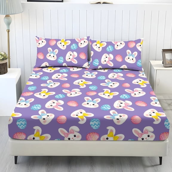 ZIATUBLES Twin Bed Sheets Set, Soft Breathable Bedding Sheet Set, Sheets Set with 9.8" Standard Pocket Design, Comfortable and Durable for All-Season Use(3 Pieces, Easter Rabbit Egg Violet)