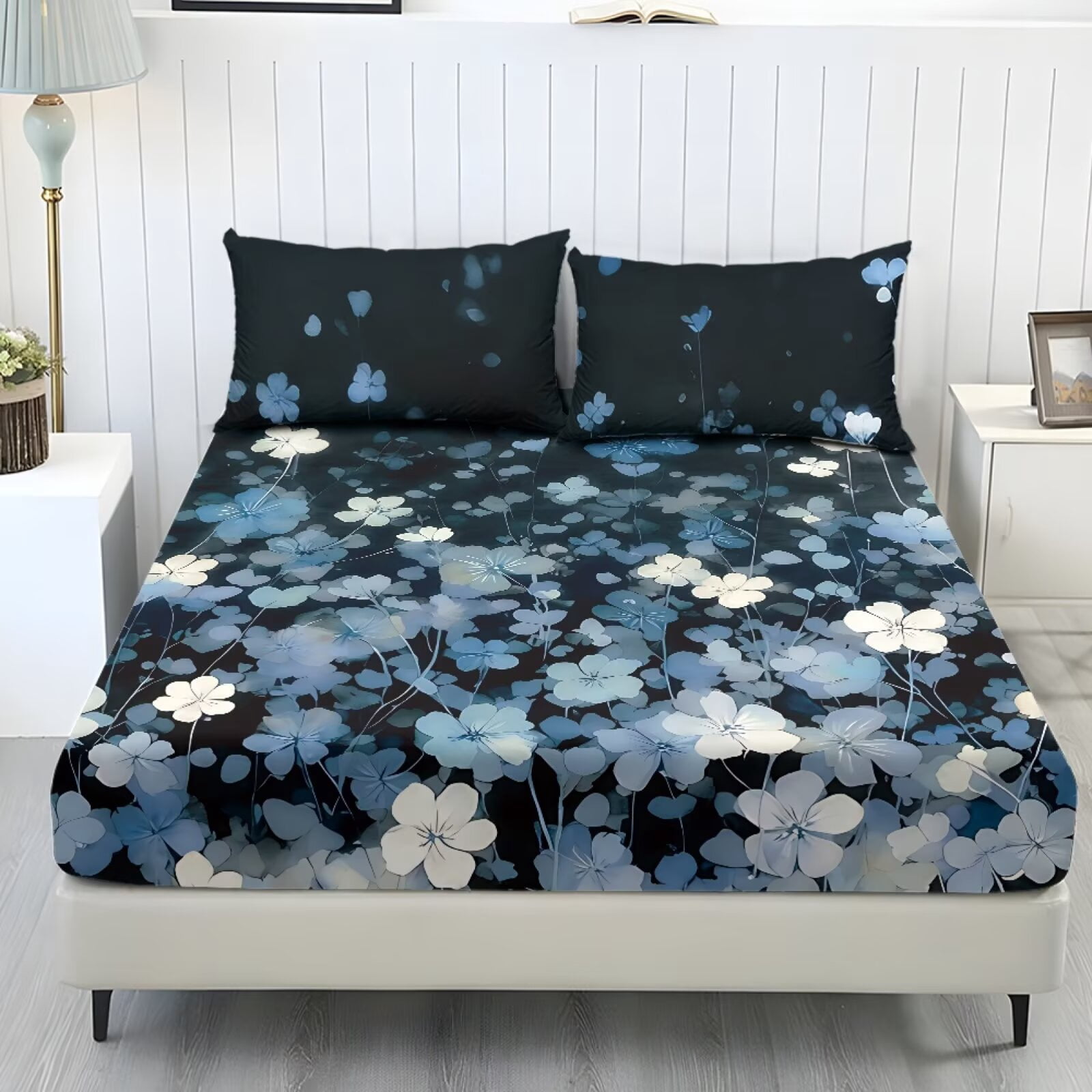 ZIATUBLES Twin Sheet Set, 3 PCS Black Wildfloral Printed Soft Cozy Bed Sheet Set, Breathable 9.8" Standard Pocket, Easy Care Bedding for ‌All-Season Use(1 Fitted Sheet, 2 Pillowcase)