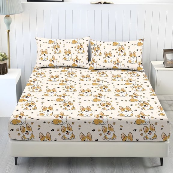 ZIATUBLES Twin Sheets Set 3 Pieces, Cooling Polyester Spandex Bed Sheets, Soft Cozy Bedding 9.8" Standard Pocket Sheets with Elastic Bottom Straps, Corgi Puppy Paw Print