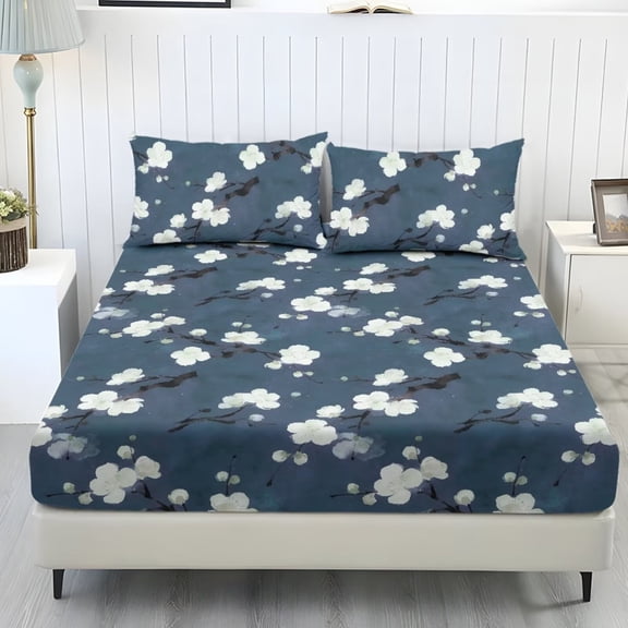 ZIATUBLES Twin Sheets Set 3 Pieces, Lightweight Breathable Bed Sheets, Soft Cozy Bedding 9.8" Standard Pocket Sheets with Elastic Bottom Straps, Oriental Plum Branch Print
