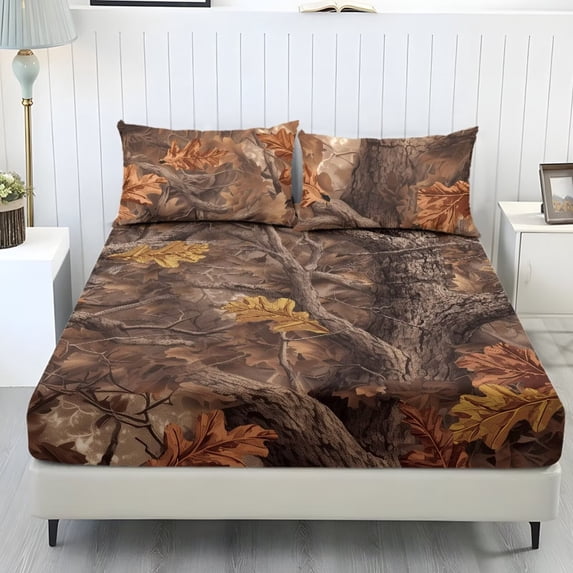 ZIATUBLES Twin Size Bedding Sheets, Soft Cooling Polyester Bed Sets, 3-Piece Sets with 1 Elasticed Fitted Sheet and 2 Pillowcases, Chic Home RV Decor Accessories, Brown Leaf Camouflage Printed