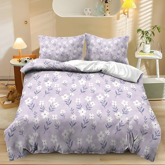 ZIATUBLES Twin Size Duvet Cover Set, Lavender White Flower Print Soft Breathable Polyester Bedding, 1 Duvet Cover and 2 Pillowcases, Zipper Closure, Washable All Season Bedroom Comforter Cover