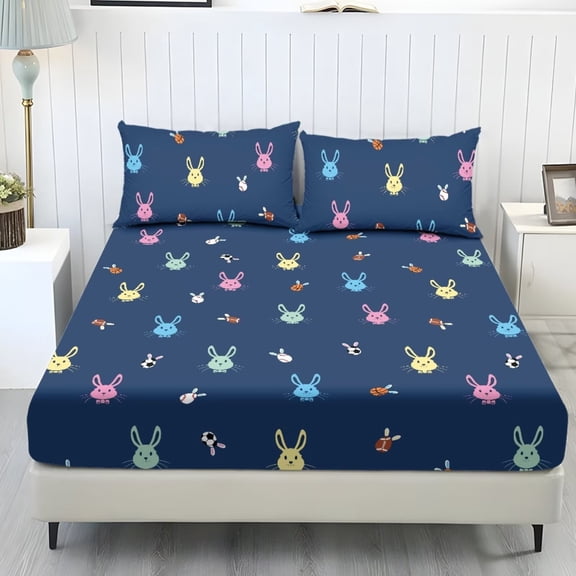 ZIATUBLES Twin Size Sheet Set 3 Pcs, 1 Fitted Sheet and 2 Pillowcases, Soft Bed Sheets with Elasticized 9.8" Pocket Breathable Comfy Cooling Bedding Set, Easter Rabbit Bunny Ear Ball Print