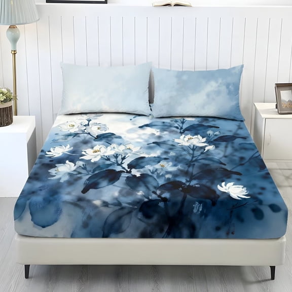 ZIATUBLES Twin Size Sheet Set 3-Piece Cozy Cooling Sheets Standard Pockets Soft Bedding with 2 Pillow Machine Washable Lightweight Bed Set Easy to Care for Bedroom, Oriental Ink Floral Print