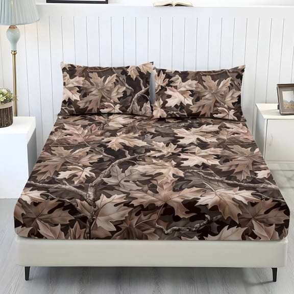 ZIATUBLES Twin XL Size Bedding Sheets, Soft Cooling Polyester Bed Sets, 3-Piece Sets with 1 Elasticed Fitted Sheet and 2 Pillowcases, Chic Home RV Decor Accessories, Maple Leaf Branch Camouflage