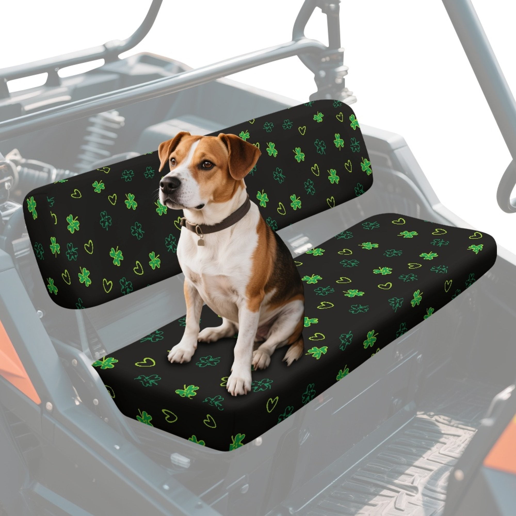 ZIATUBLES UTV Seat Covers 2 Pack, Black Clover Heart Print Waterproof Polyester Front Seat Protectors Compatible with Kawasaki Mule 3020 4000, St. Patrick's Day UTV Decor Accessory Part