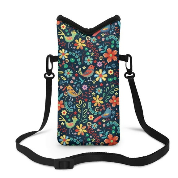 ZIATUBLES Universal Neoprene Cell Phone Pouch Mobile Protection Case Bag with Large Top Opening Hook and Loop Fastener Cellphone Crossbody Purse, 4 X 8 Inch, Doodle Bird Flower Leaf