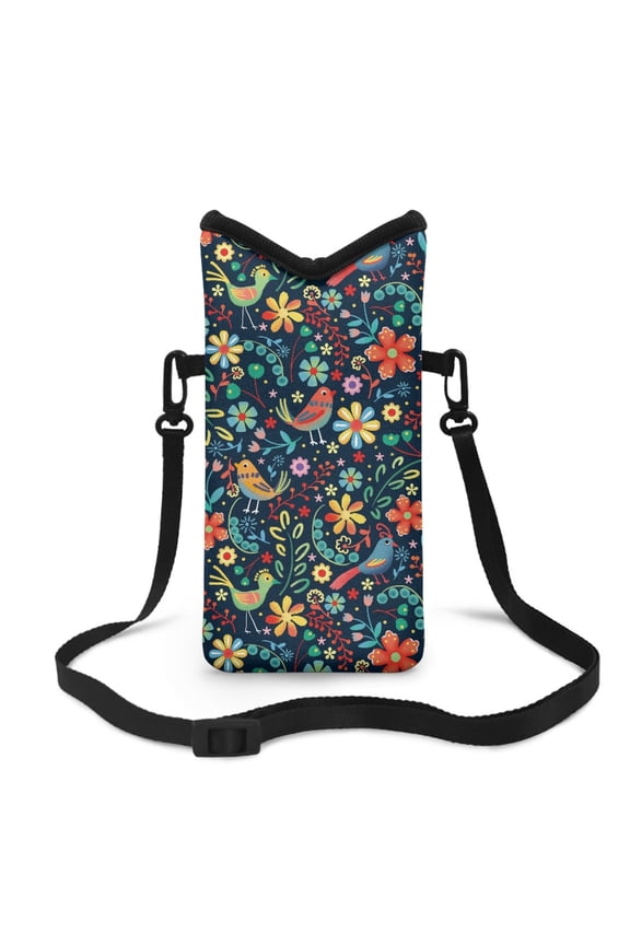 Universal Neoprene Cell Phone Pouch Mobile Protection Case Bag with Large Top Opening Hook and Loop Fastener Cellphone Crossbody Purse, 4 X 8 Inch, Doodle Bird Flower Leaf