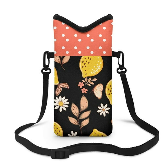 ZIATUBLES Universal Neoprene Cell Phone Pouch Mobile Protection Case Bag with Large Top Opening Hook and Loop Fastener Cellphone Crossbody Purse, 4 X 8 Inch, Lemon Flower Leaf Dot Orange Pink Black