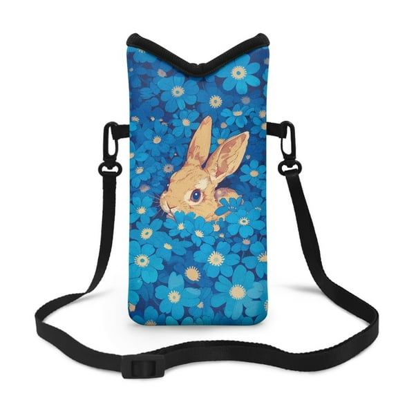 ZIATUBLES Universal Neoprene Phone Pouch Bag Shockproof Cellphone Crossbody Purse with Hook and Loop Fastener Water Resistant Phone Bag, 4 X 8 Inch, Rabbit Flower Blue