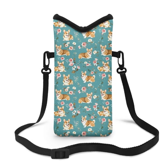 ZIATUBLES Universal Neoprene Phone Pouch Stylish Cellphone Sleeve Case with Large Top Opening Adjustable Crossbody Strap amd Hook Loop Fastener, 4 X 8 Inch, Corgi Dog Flower